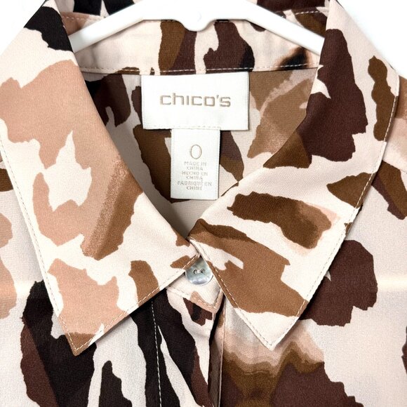 Chicos Watercolor Leopard Animal Print Sheer Blouse Top Womens 0 US S 4 Tan Brow - Picture 2 of 7